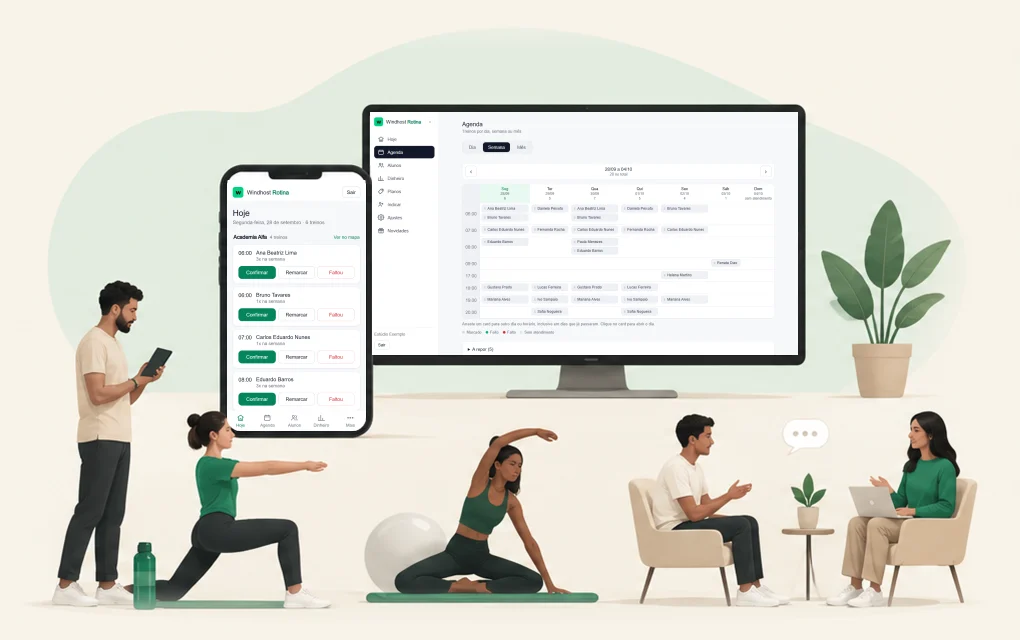 O Rotina no computador e no celular, e quem ele atende: um personal trainer com a aluna, uma instrutora de pilates e uma psicóloga em sessão